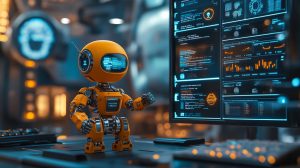 Orange robot writing on a digital tablet, surrounded by floating AI-generated text and glowing creative elements in a dramatic, moody setting.