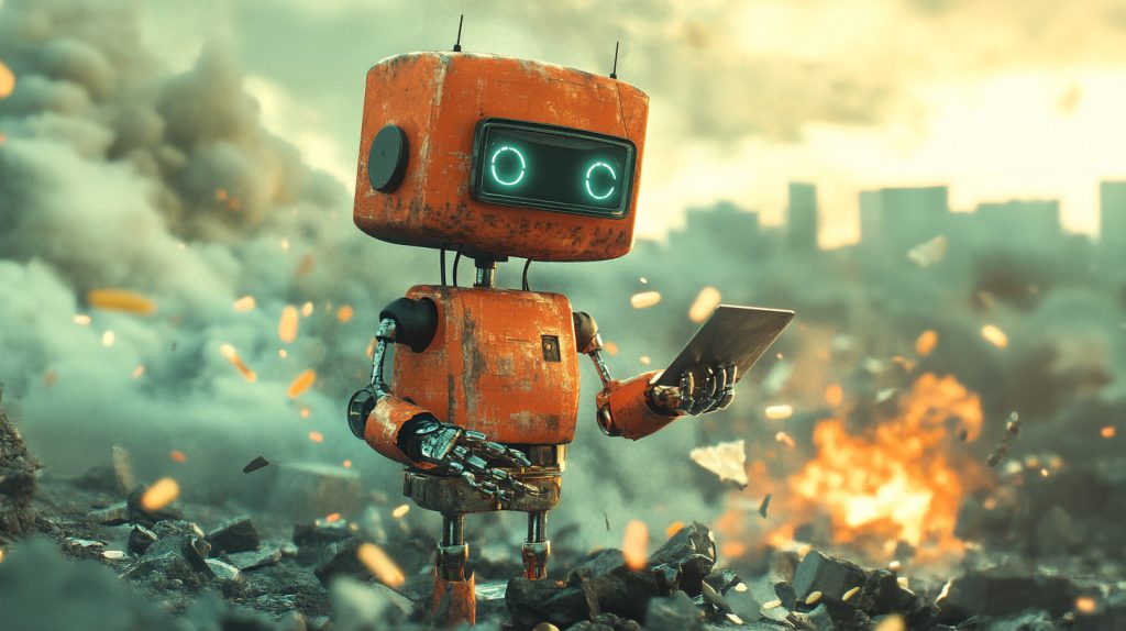 Cute orange robot holding a digital tablet while managing tasks in a chaotic, post-apocalyptic environment.
