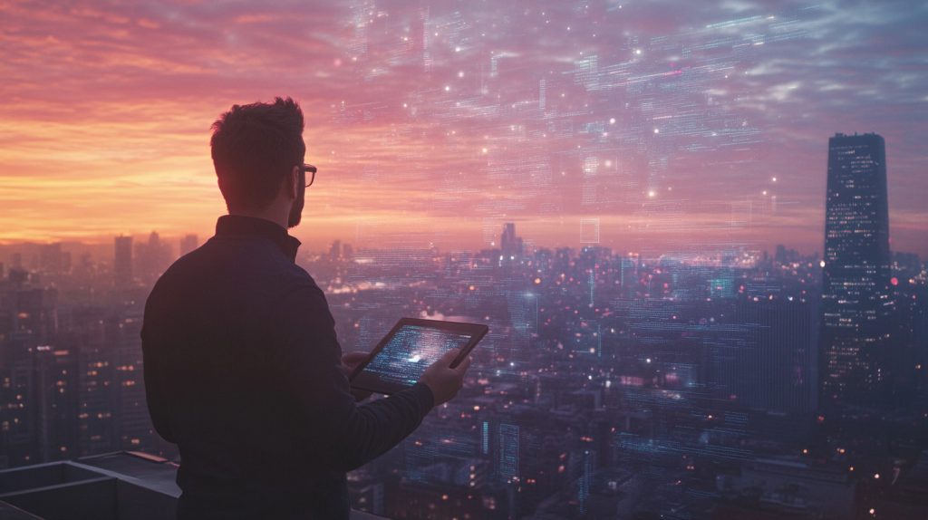 A professional strategist looks over a city at dawn with SEO data and AI projections blending into the skyline, symbolizing clarity and modern intelligence.