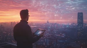 A professional strategist looks over a city at dawn with SEO data and AI projections blending into the skyline, symbolizing clarity and modern intelligence.