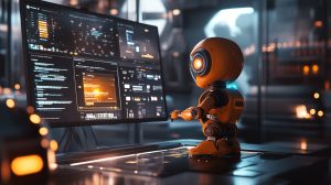 Orange robot managing glowing holographic screens showing content workflows, calendars, and automation dashboards in a cinematic workspace.
