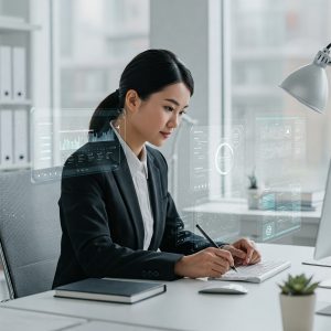 A person writing at a desk surrounded by digital screens showing outlines and AI-generated content