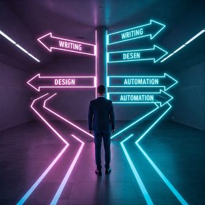 A person standing at a crossroad with labeled paths for writing, design, video, and automation tools