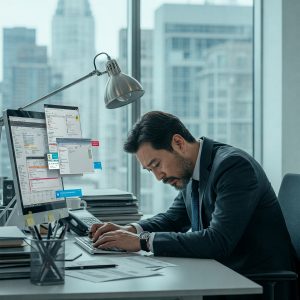 A professional sitting in a cluttered workspace surrounded by open apps and notifications