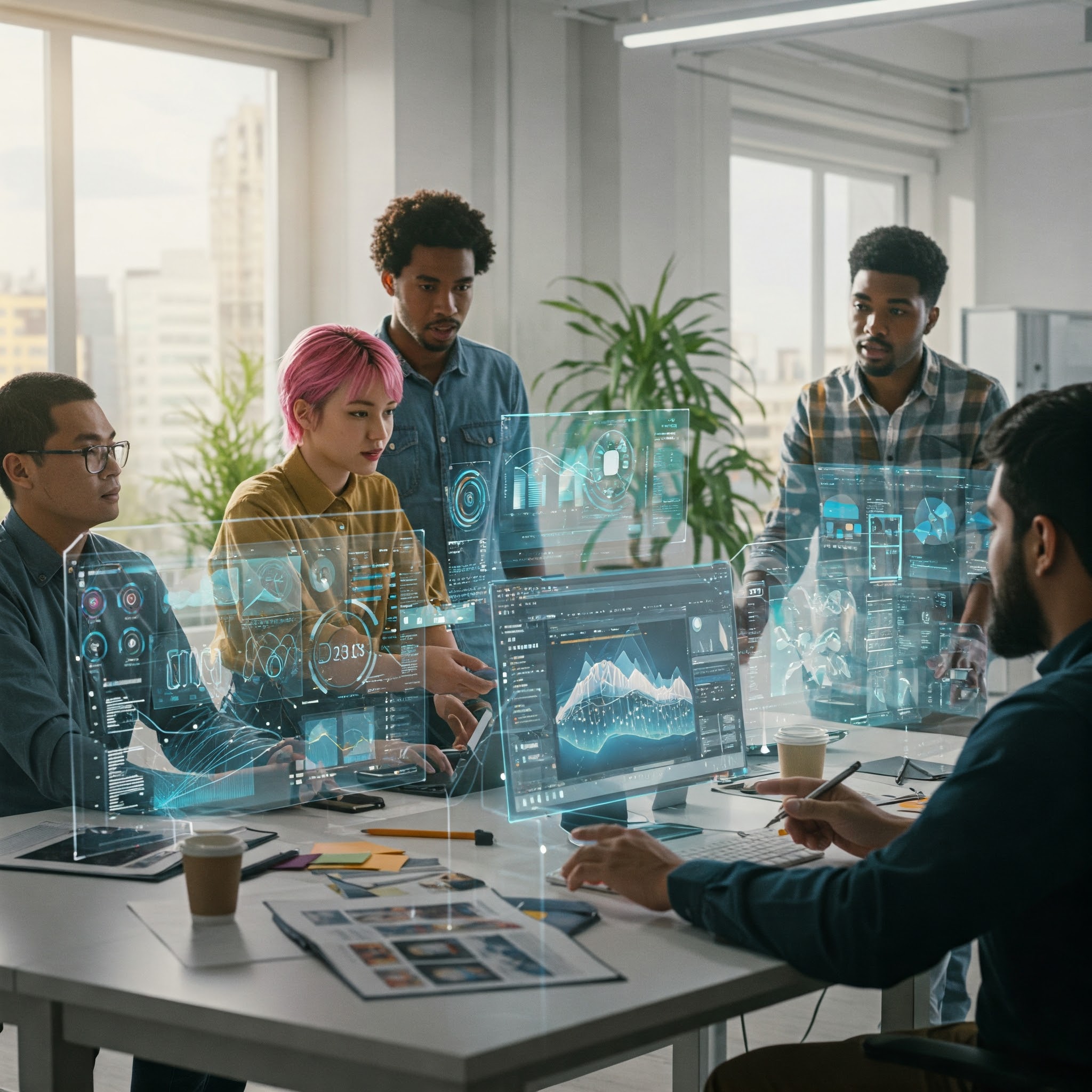 A group of professionals in a tech office using AI-powered tools to create presentations and visuals
