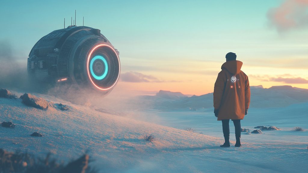 A lone creator walks through a snowy landscape toward a glowing futuristic AI device, symbolizing clarity, focus, and direction.