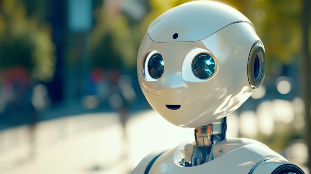 A friendly humanoid AI robot with expressive eyes in a city setting, symbolizing the helpful role of artificial intelligence in creative work.