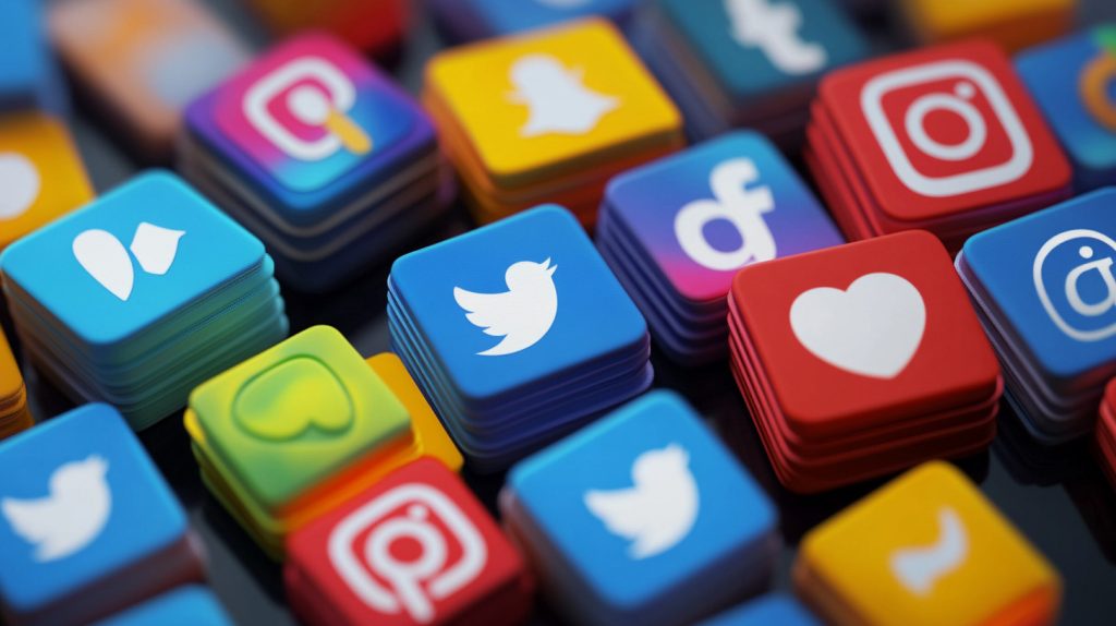 Stacks of colorful 3D social media icons representing platforms like Twitter, Instagram, and Facebook — symbolizing multi-platform content creation using AI tools.