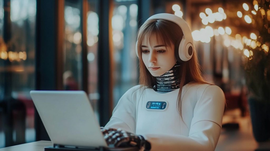 A humanoid robot with headphones working on a laptop in a cozy, modern workspace — symbolizing AI tools like Copy.ai writing social media captions in seconds.