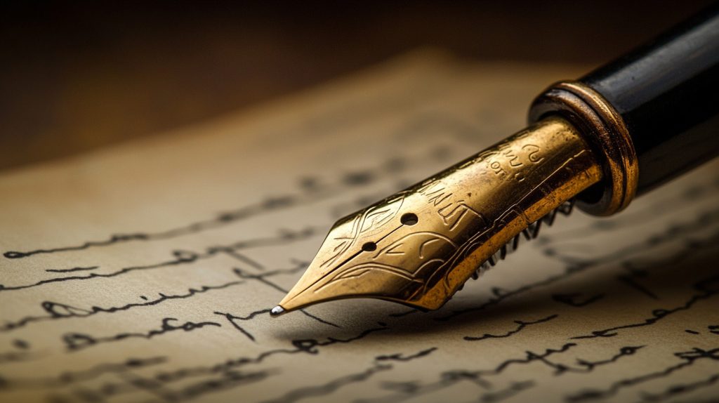 Close-up of a golden fountain pen writing on parchment, symbolizing the enduring power of words and the evolving role of AI in copywriting.