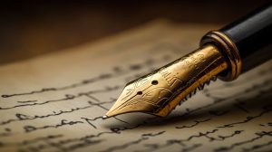 Close-up of a golden fountain pen writing on parchment, symbolizing the enduring power of words and the evolving role of AI in copywriting.