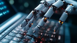 A robotic hand typing on a glowing keyboard, symbolizing AI-assisted graphic design and automation in content creation.