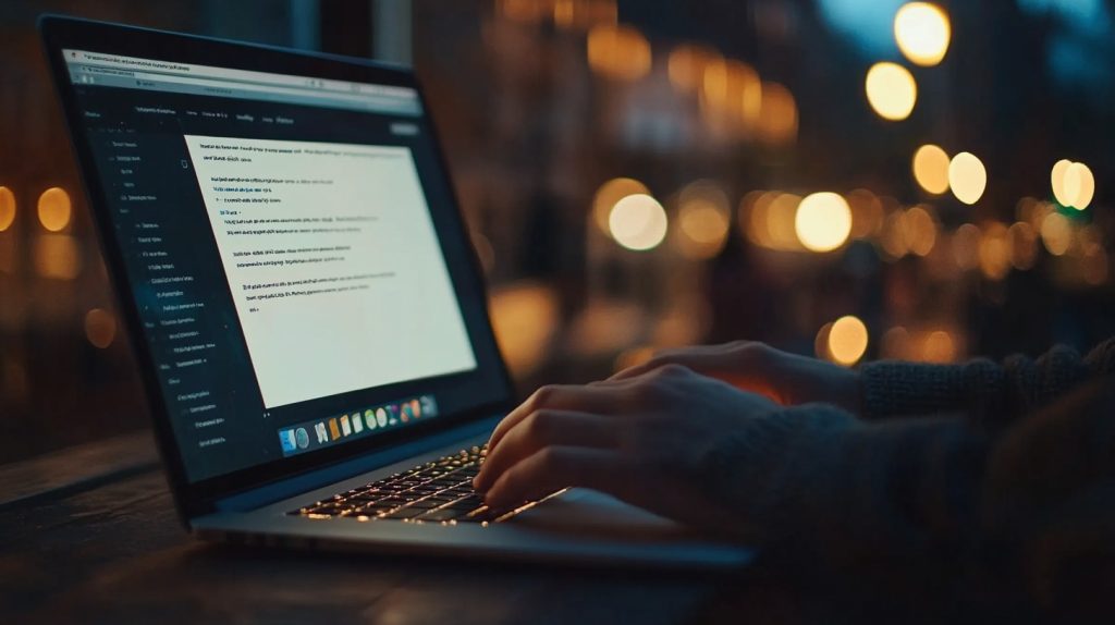 Hands typing on a laptop with blurred city lights in the background, representing content creators working on social media posts using AI tools like Jasper.