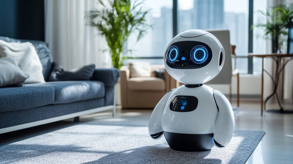 A cute humanoid robot with glowing blue eyes standing in a modern living room, symbolizing ChatGPT’s role as a smart, friendly AI writing assistant.