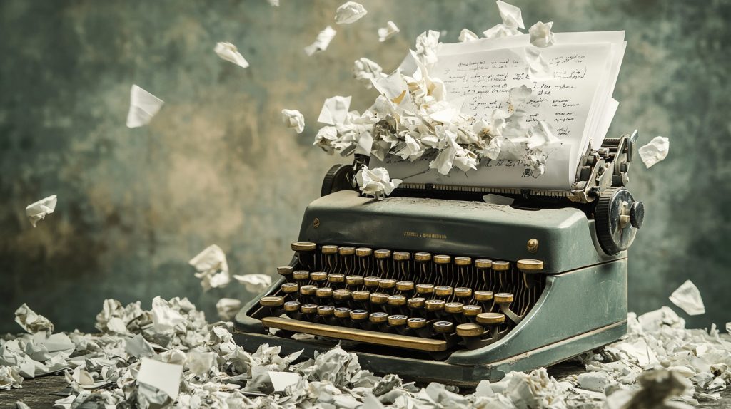 Old typewriter overflowing with crumpled paper and messy drafts, symbolizing the frustration of creating content without SEO strategy.