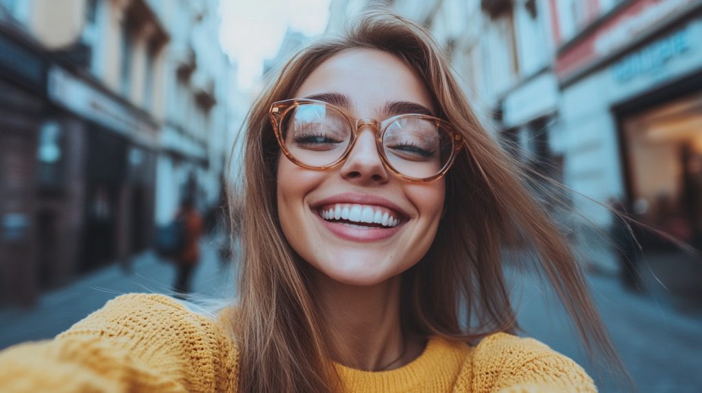 Smiling content creator taking a selfie outdoors, relaxed and confident thanks to streamlined scheduling and social media automation.