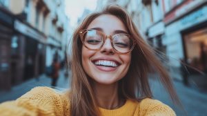 Smiling content creator taking a selfie outdoors, relaxed and confident thanks to streamlined scheduling and social media automation.