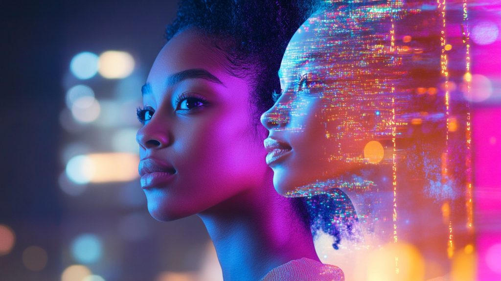 A woman’s face illuminated by neon light, with a digital holographic twin beside her, representing the blend of human creativity and AI-powered content automation.