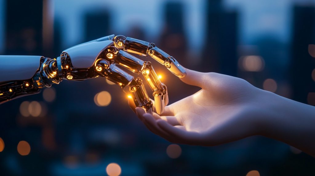 A human hand and a robotic hand gently connecting, symbolizing the collaboration between marketers and AI-powered tools like Copy.ai.