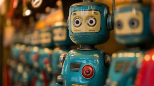 A row of vintage-style teal robots, with one in focus looking ahead, representing automated tools with personality and ease of use.