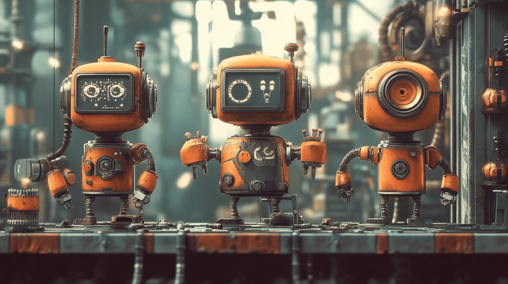 Three quirky orange robots standing in a content factory, symbolizing automated SEO systems building smarter article structures.
