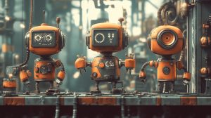 Three quirky orange robots standing in a content factory, symbolizing automated SEO systems building smarter article structures.
