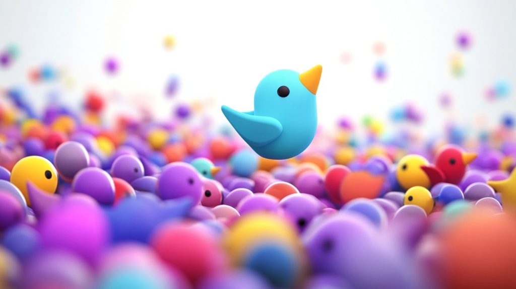 A unique blue cartoon-style bird icon rising above a crowd of colorful social media icons, symbolizing visibility and performance optimization with FeedHive.