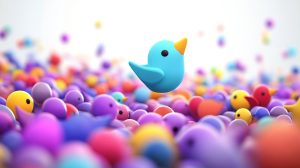 A unique blue cartoon-style bird icon rising above a crowd of colorful social media icons, symbolizing visibility and performance optimization with FeedHive.
