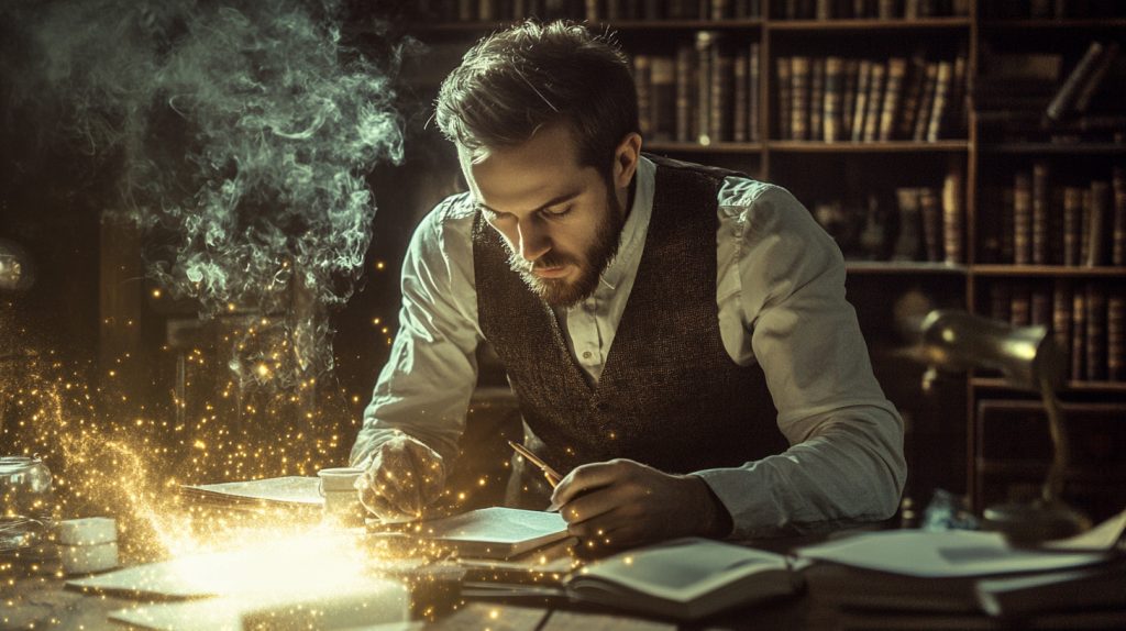 A focused writer immersed in deep thought, glowing creative energy rising from his notebook in a warm, vintage study.
