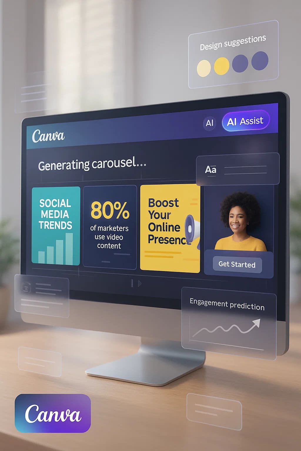 Canva AI creating branded carousel content live on screen