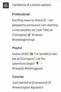 ChatGPT generating social caption variations in different tones