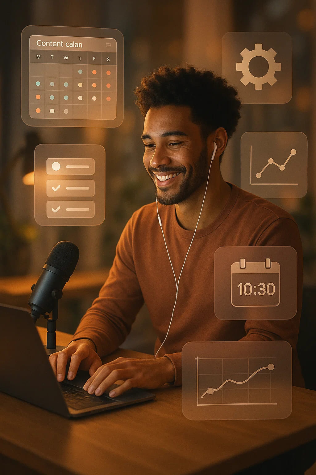 Young creator using an AI content dashboard with social media icons and digital tools around her.