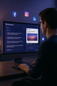 Promotional banner showing how Ocoya AI automates and optimizes social media content, with social icons and a glowing interface on a blue tech background.