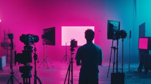 Silhouette of a content creator in a neon-lit studio setup preparing visual content